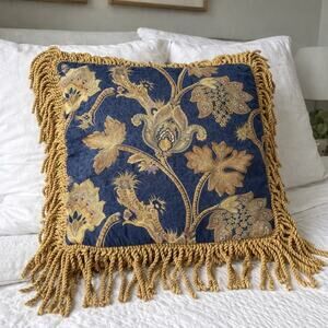 Navy Blue Gold Floral Brocade Pillow Cover 5” Tassel Fringe Baroque Ornate 20x20